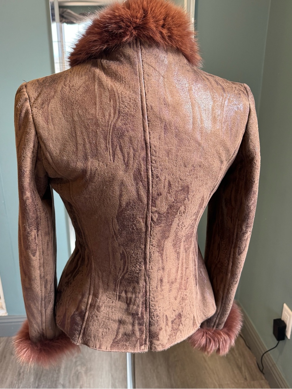 Vintages Y2K Brown Fur Trim Jacket Silk Cotton Wool Blend Fitted Coquette XS S - Picture 2 of 8